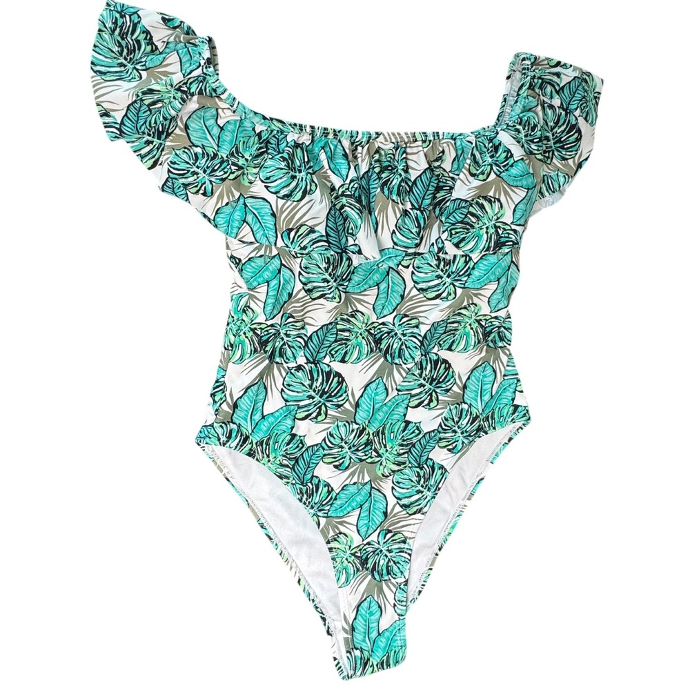 Cabana Del Sol Tropical Palm Ruffle Off Shoulder One Pc Swimsuit Teal White S